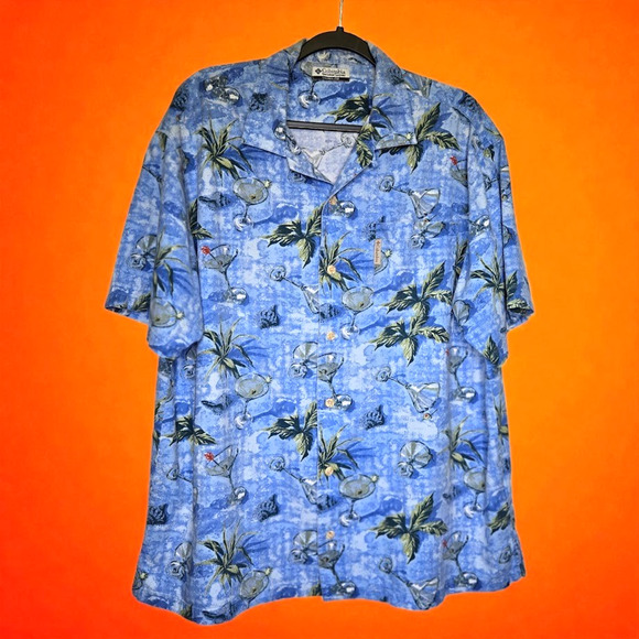Columbia Men's Blue Hawaiian Aloha XXL Martini Cocktail with Olive Swizzle Shirt - Picture 8 of 13